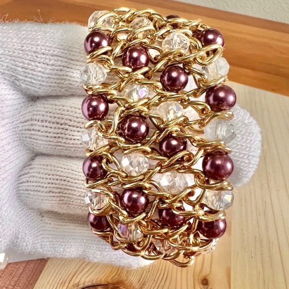 Vintage SkyLine Jewelry, Plum & Gold Tone Beaded Stretchy Necklace & Bracelet - Picture 3 of 7